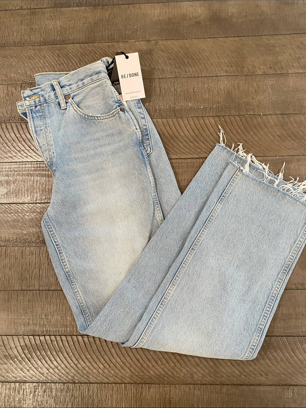 Re/Done Light Wash Straight Leg Jeans with Frayed Hem